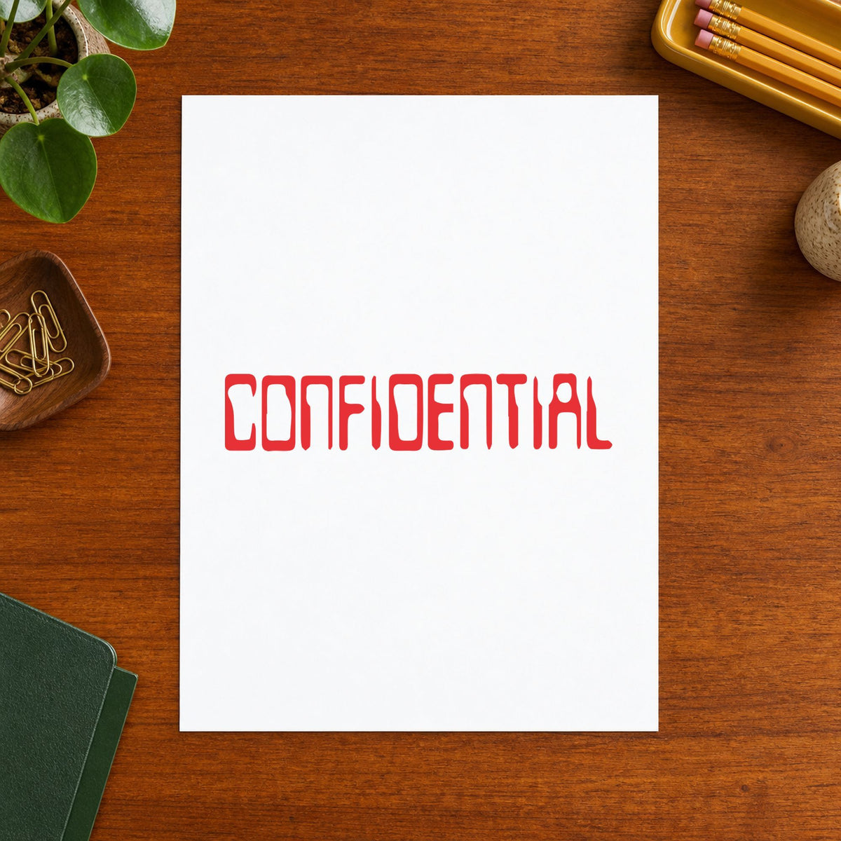 Pre-inked "Confidential" stamp marking paperwork in an office setting