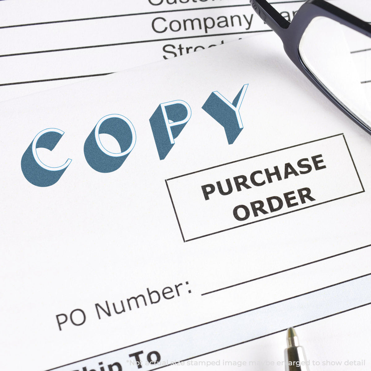 "Copy" pre-inked imprint on a page, rectangle shape at 1/2 x 1-5/8 in