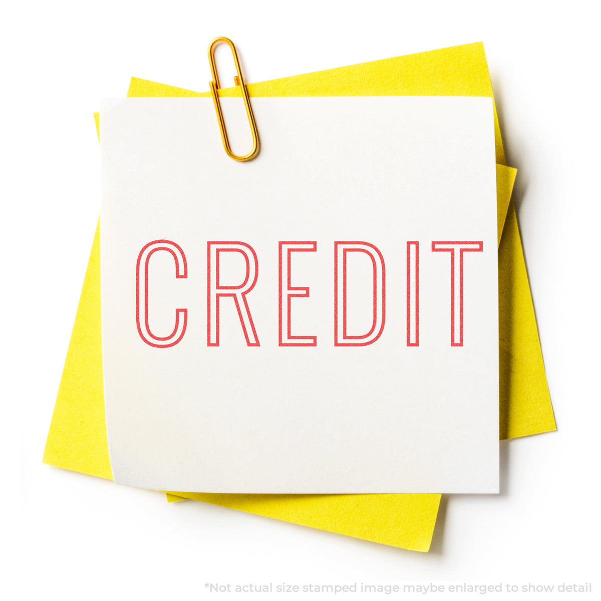 "Credit" stamp and its crisp Approximately 1/2 in tall x 1-5/8 in wide impression on paper