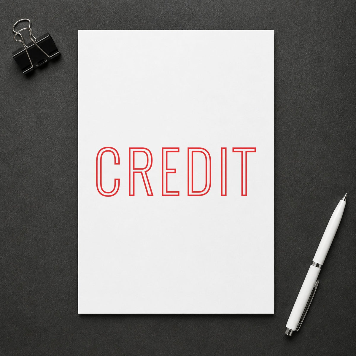 Pre-inked "Credit" stamp applied to a document, Approximately 1/2 in tall x 1-5/8 in wide impression