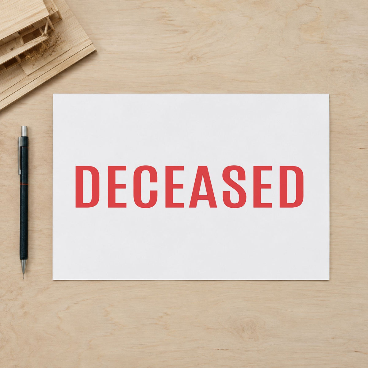 "Deceased" stamp pressed on paper, no separate ink pad needed