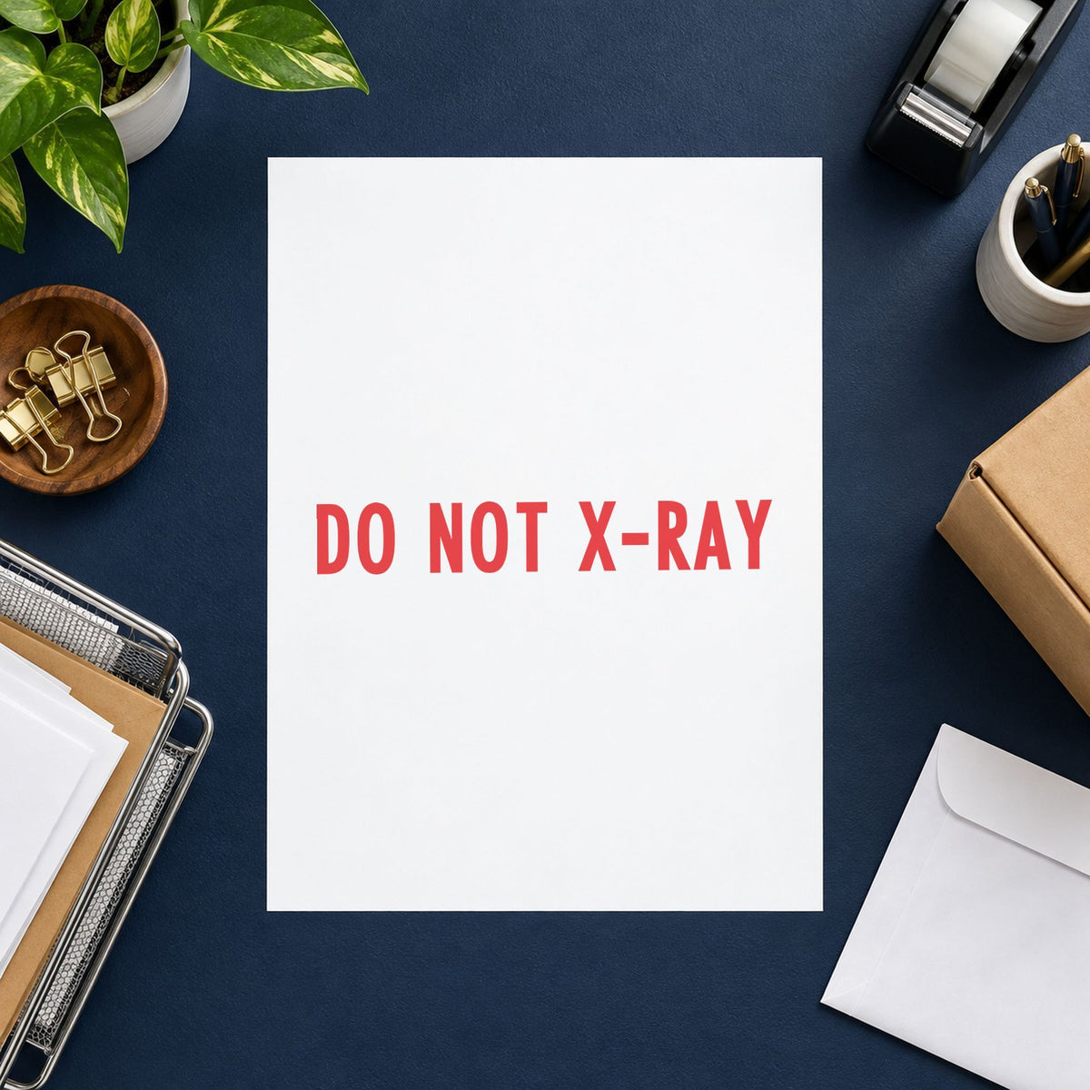 "Do not x-ray" Xstamper No. 1571 stamp shown in everyday handling