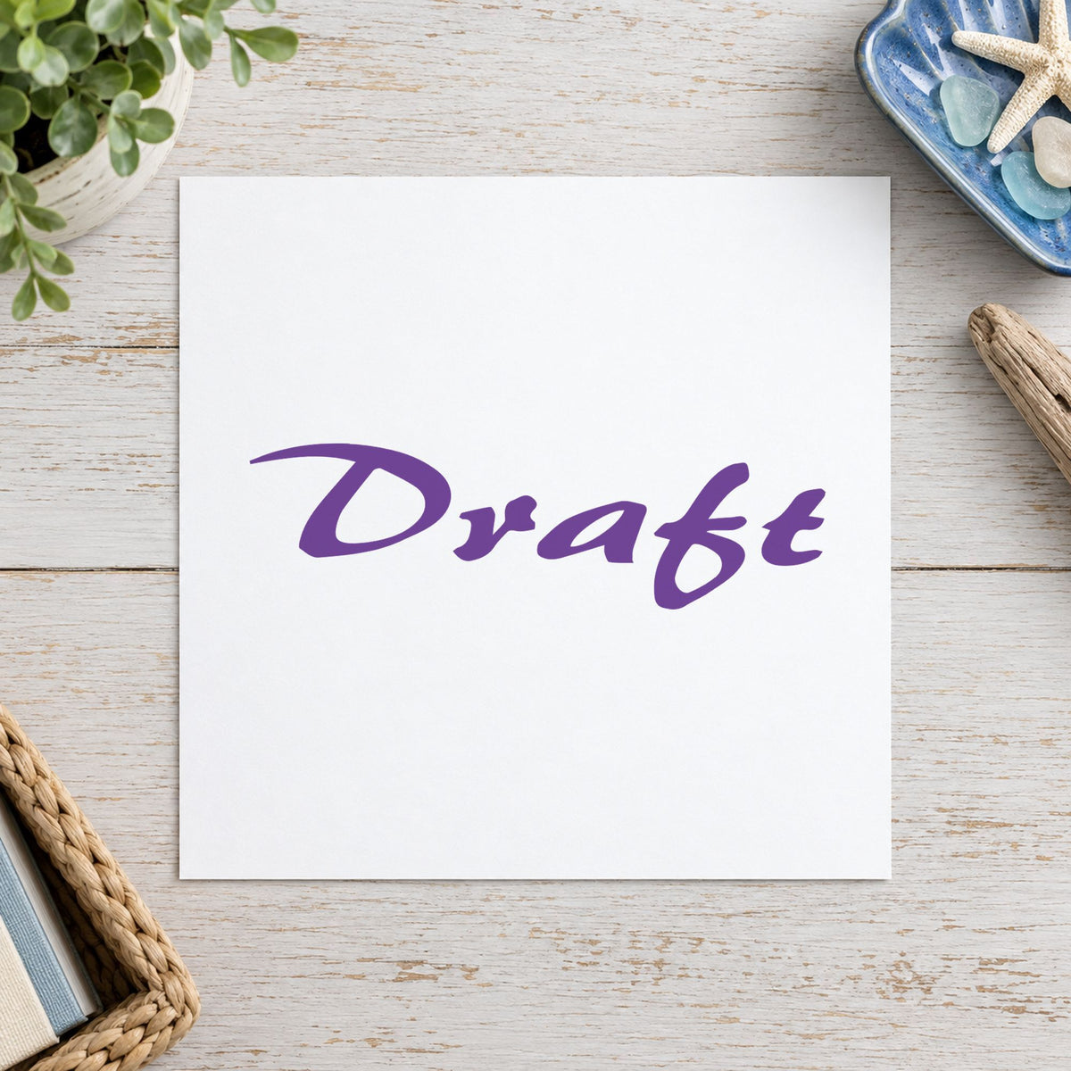 Pre-inked "Draft" stamp marking paperwork in an office setting