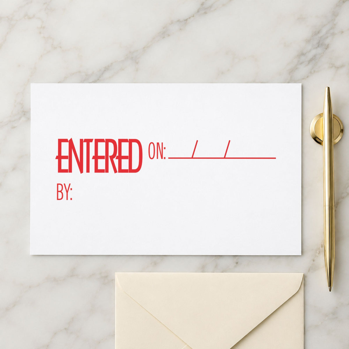 "Entered on: by:" Xstamper stamp in use on paper, 1/2 x 1-5/8 in rectangle imprint
