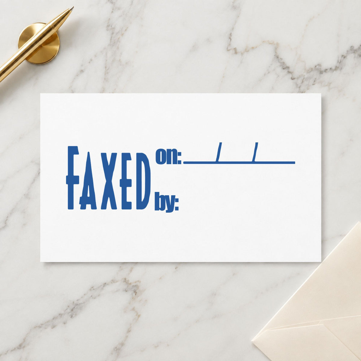 "Faxed on: by:" Xstamper stamp in use on paper, 1/2 x 1-5/8 in rectangle imprint