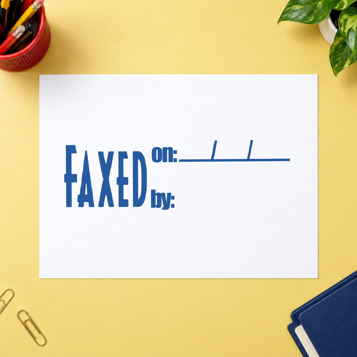 Pre-inked "Faxed on: by:" stamp applied to a document, 1/2 x 1-5/8 in impression