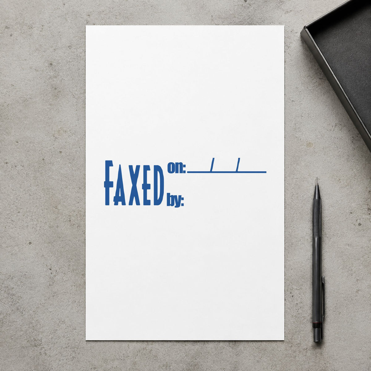 Pre-inked "Faxed on: by:" stamp marking paperwork in an office setting