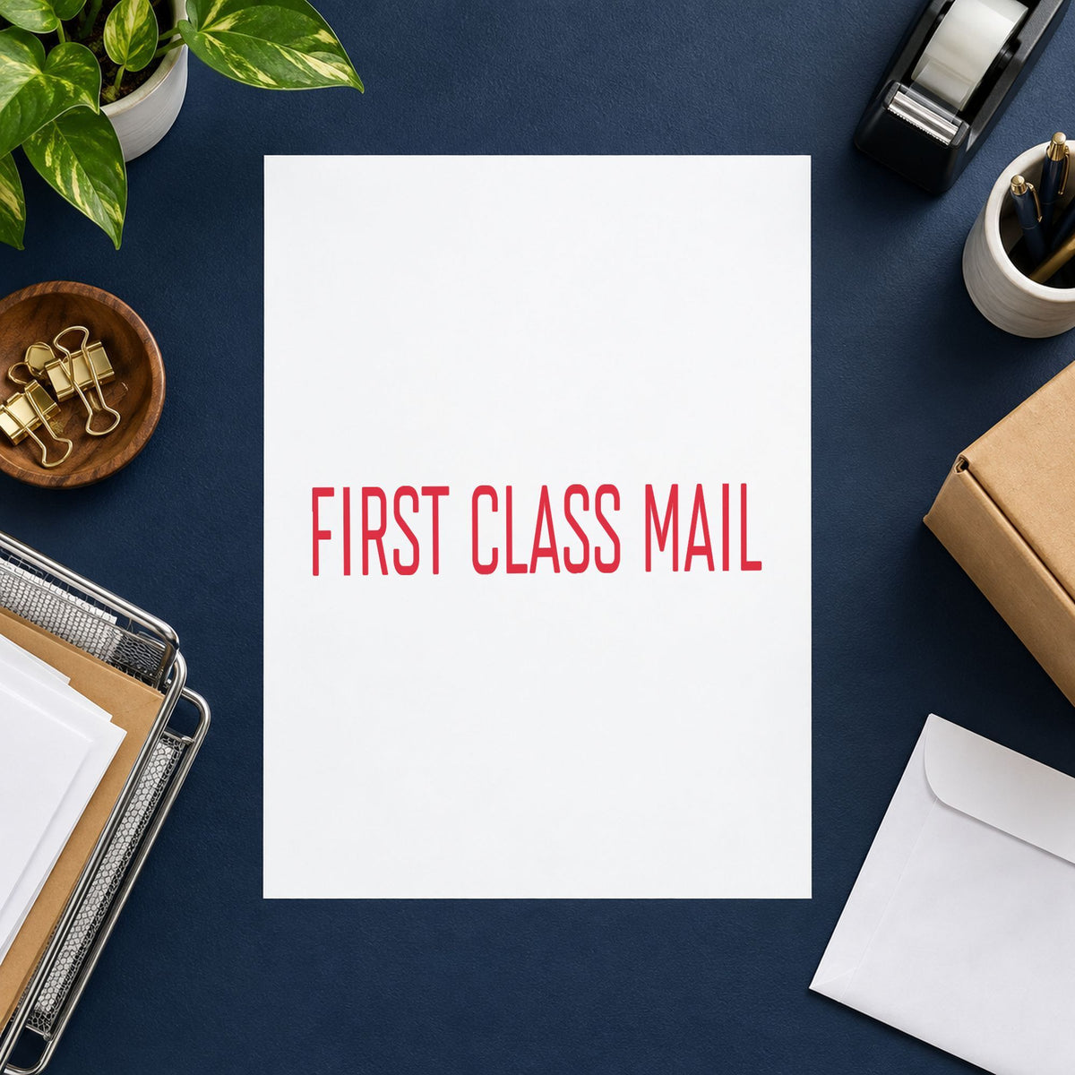 "First class mail" Xstamper stamp at work on everyday office paperwork