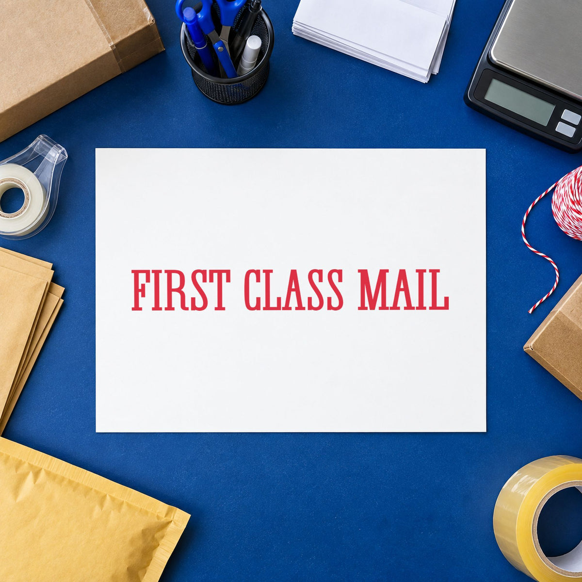 Close view of the "First class mail" mark left by Xstamper No. 1149