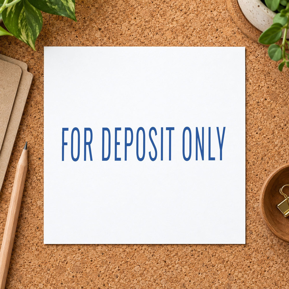 "For deposit only" Xstamper pre-inked stamp beside its rectangle imprint