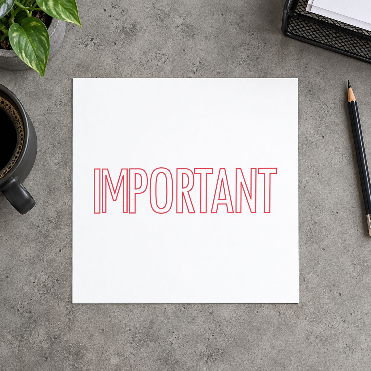 "Important" Xstamper stamp in use on paper, Approximately 1/2 in tall x 1-5/8 in wide rectangle imprint