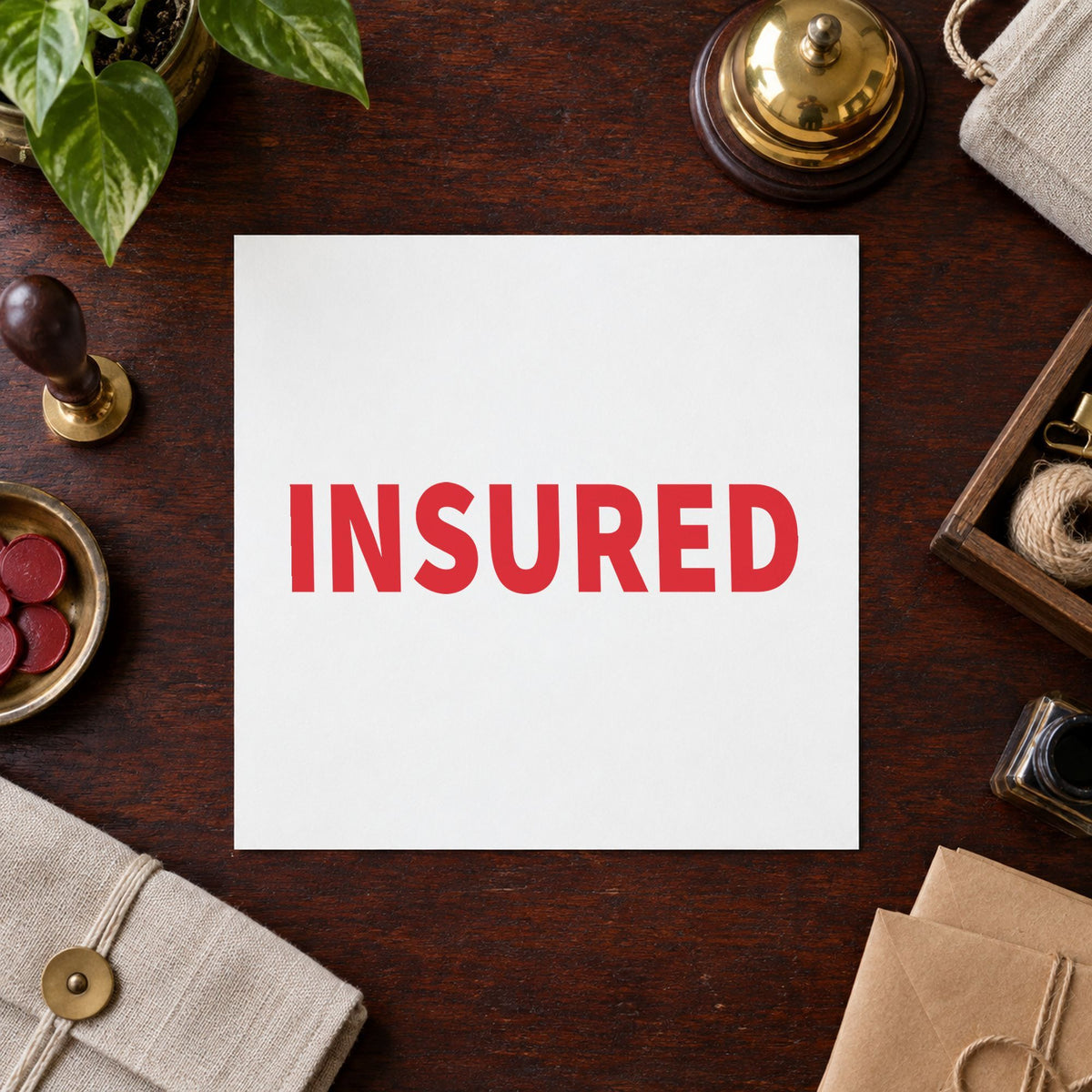 "Insured" imprint on a printed page, Xstamper No. 1585