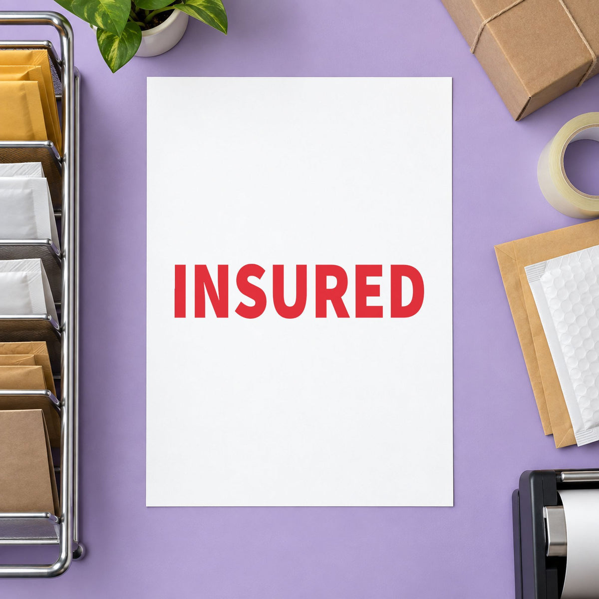 "Insured" stamp pressed on paper, no separate ink pad needed