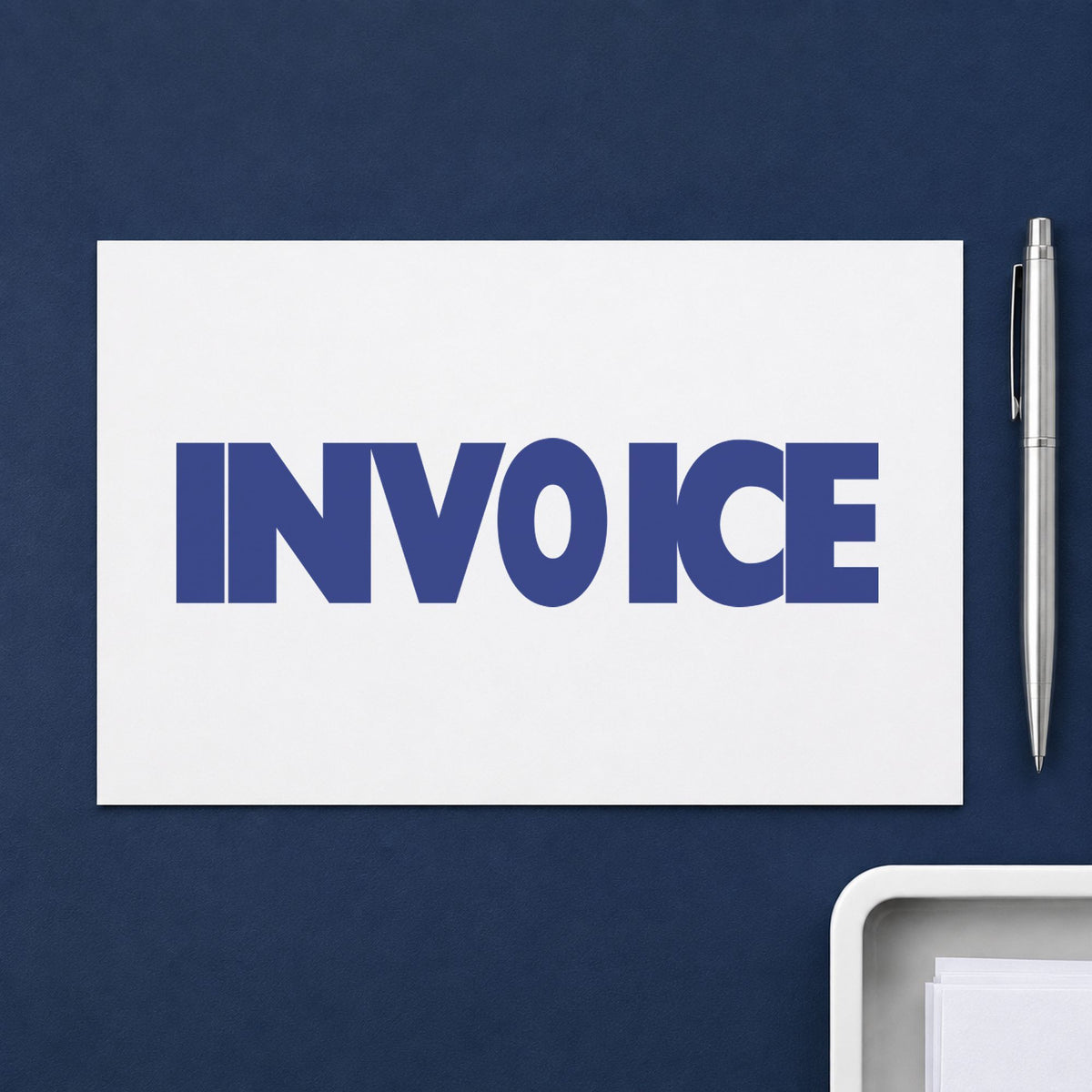 Pre-inked "Invoice" stamp applied to a document, Approximately 1/2 in tall x 1-5/8 in wide impression