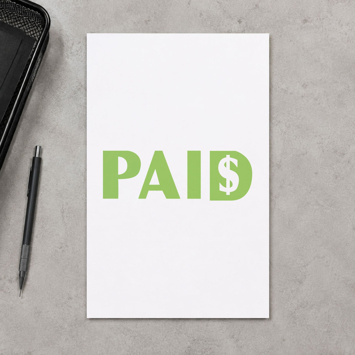 Pre-inked "Paid" stamp applied to a document, 1/2 x 1-5/8 in impression