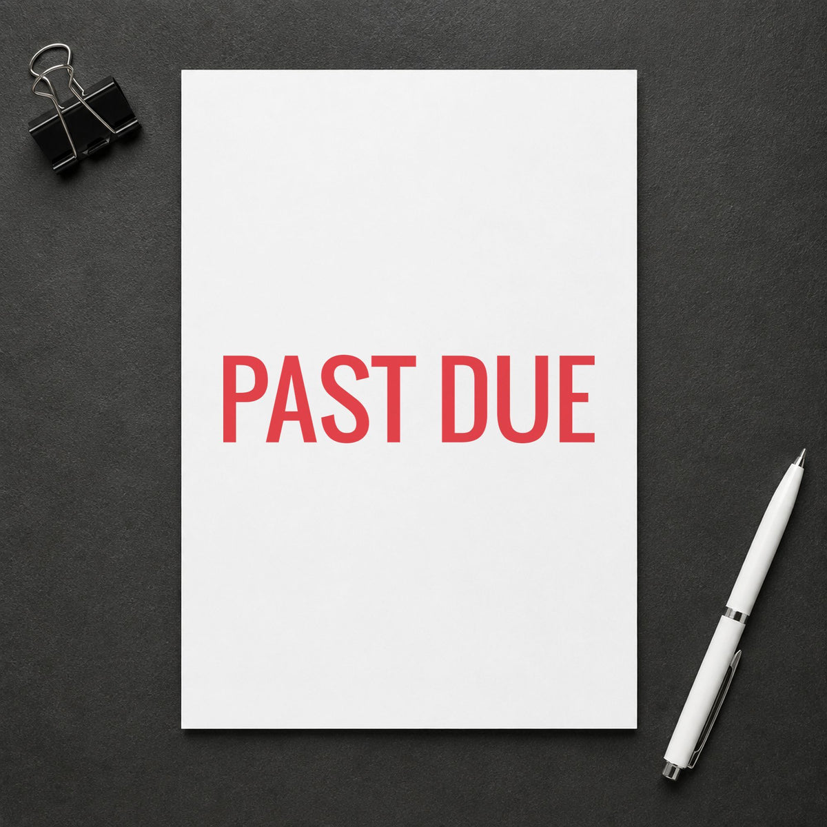 "Past due" Xstamper stamp in use on paper, Approximately 1/2 in tall x 1-5/8 in wide rectangle imprint