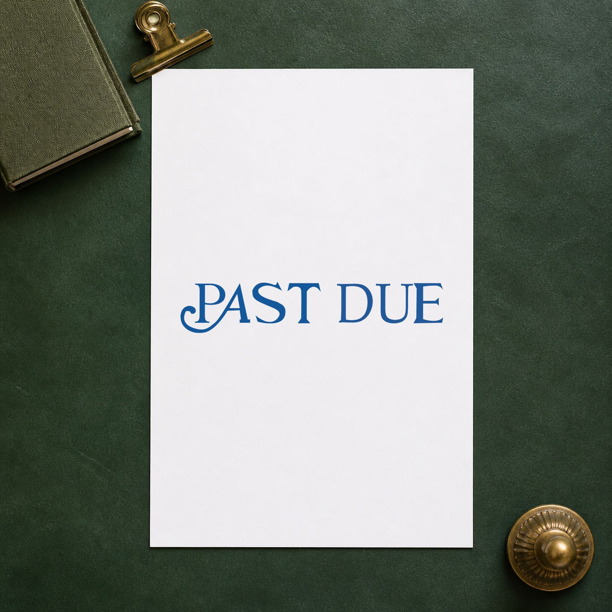 Pre-inked "Past due" stamp marking paperwork in an office setting
