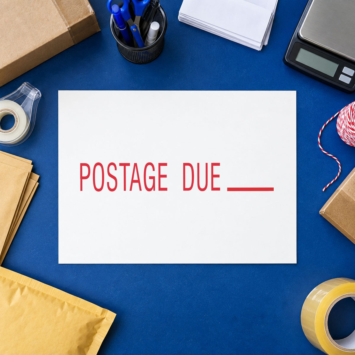 "Postage due" Xstamper stamp in use on paper, 1/2 x 1-5/8 in rectangle imprint