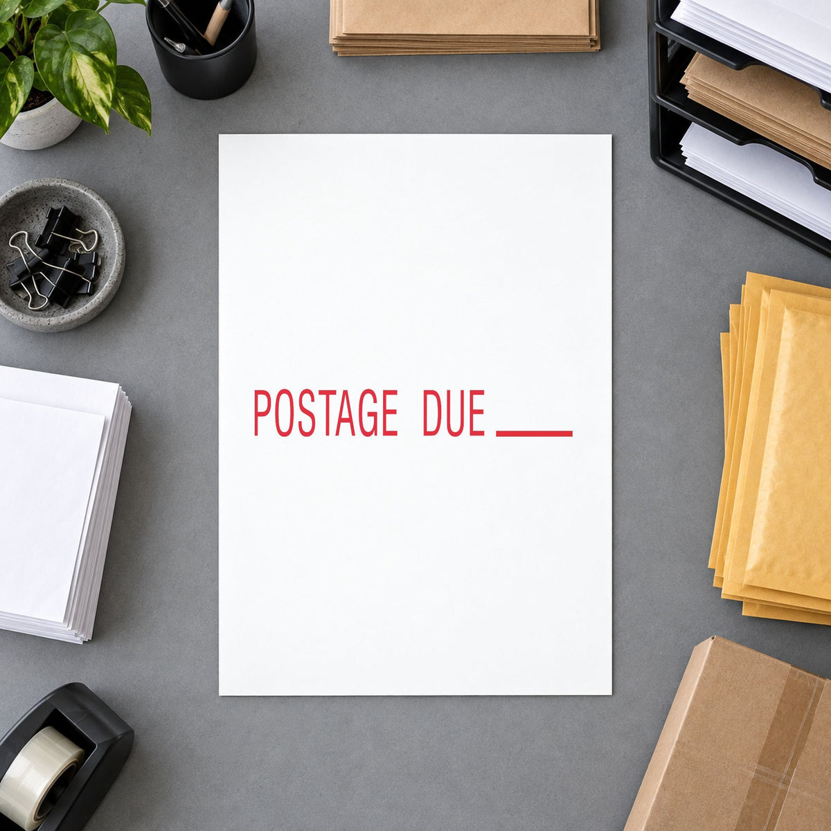 "Postage due" Xstamper stamp at work on everyday office paperwork