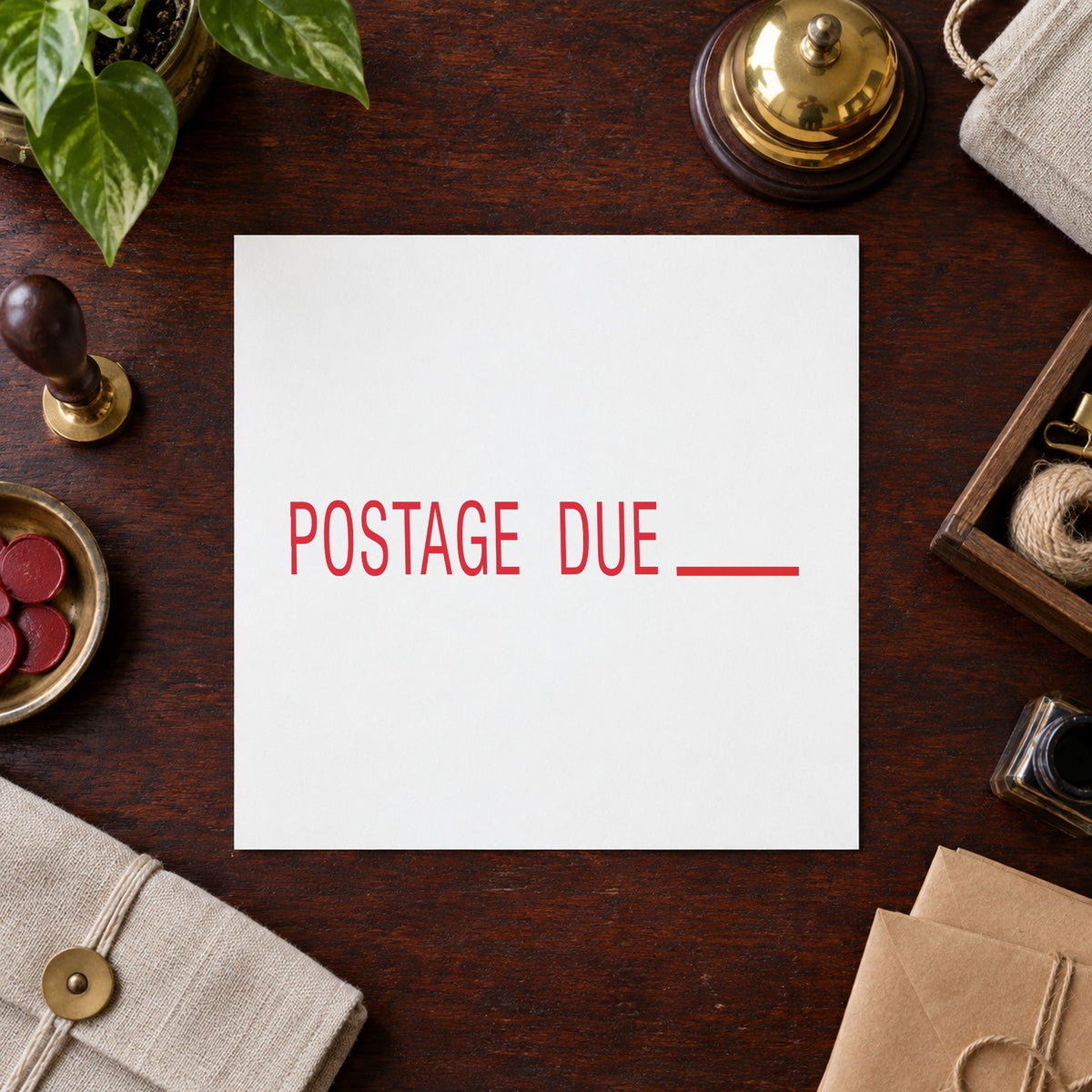 "Postage due" stamp pressed on paper, no separate ink pad needed