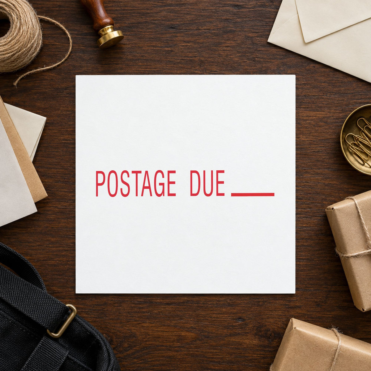 Pre-inked "Postage due" stamp marking paperwork in an office setting