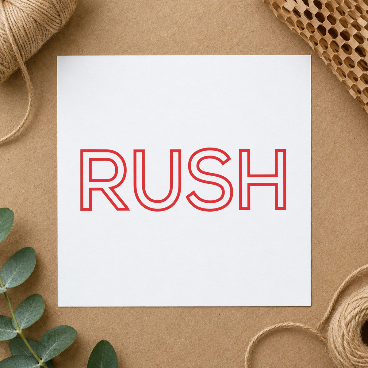 Pre-inked "Rush" stamp applied to a document, Approximately 1/2 in tall x 1-5/8 in wide impression