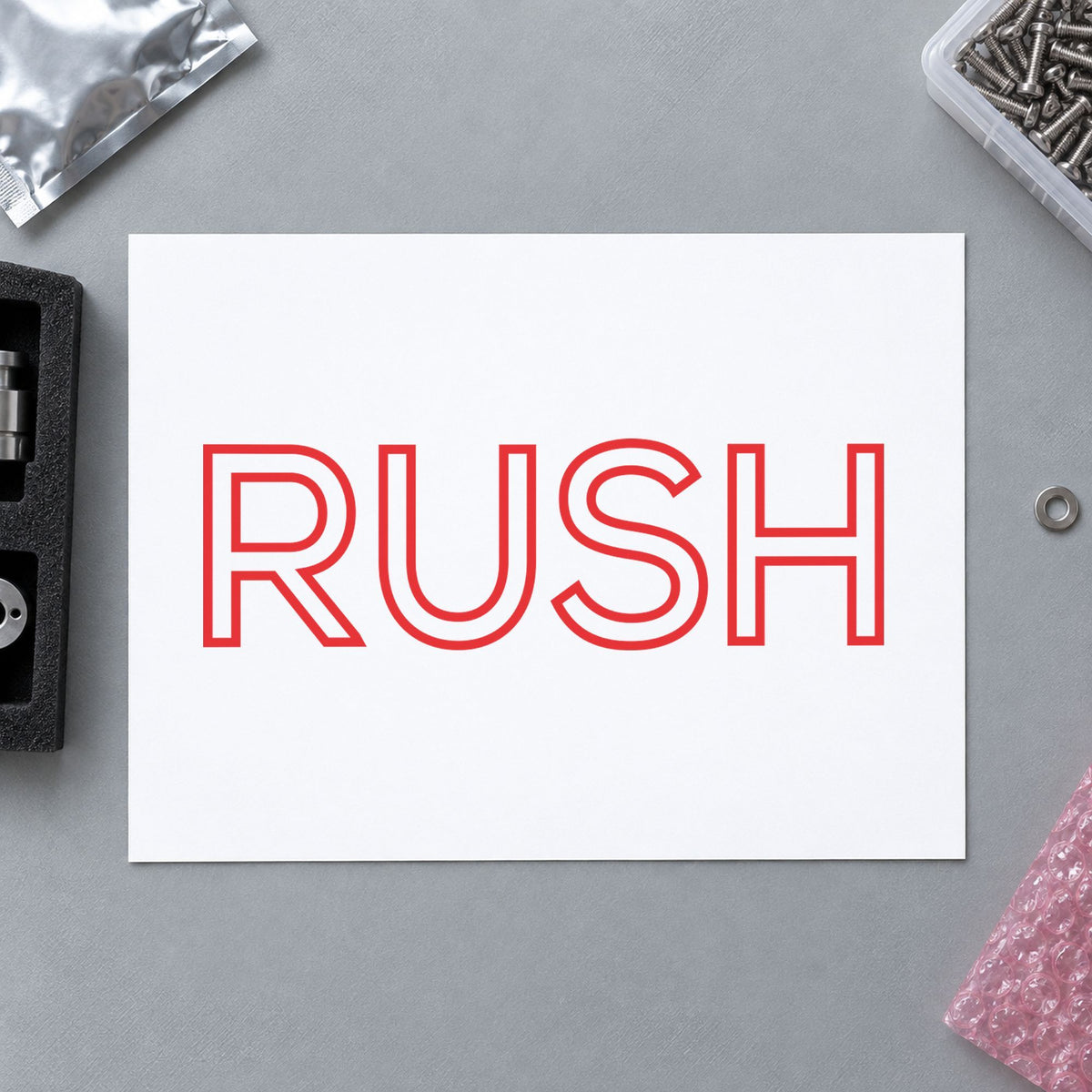 Close view of the "Rush" mark left by Xstamper No. 1004