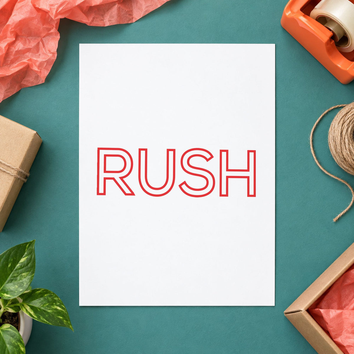"Rush" stamp pressed on paper, no separate ink pad needed