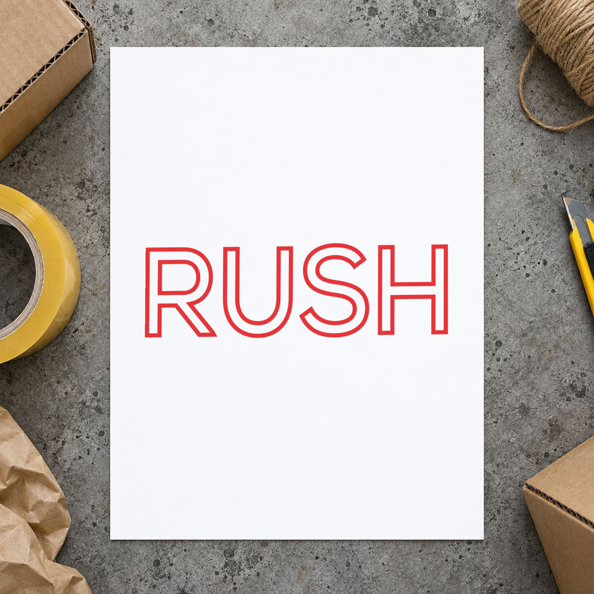 Pre-inked "Rush" stamp marking paperwork in an office setting