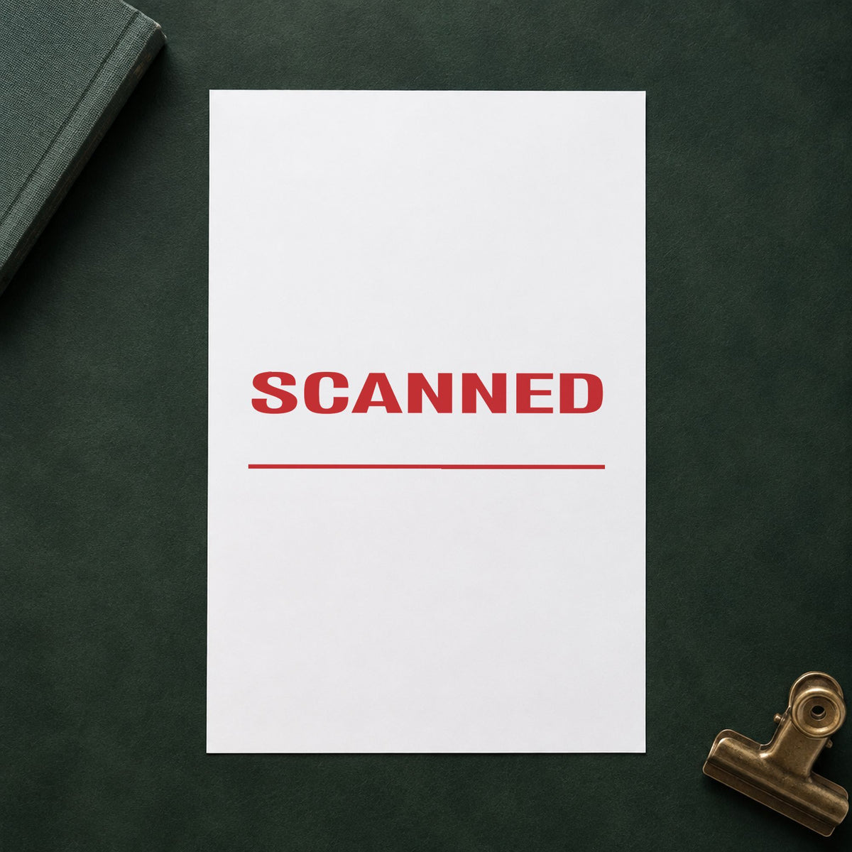 Pre-inked "Scanned" stamp applied to a document, Approximately 1/2 in tall x 1-5/8 in wide impression