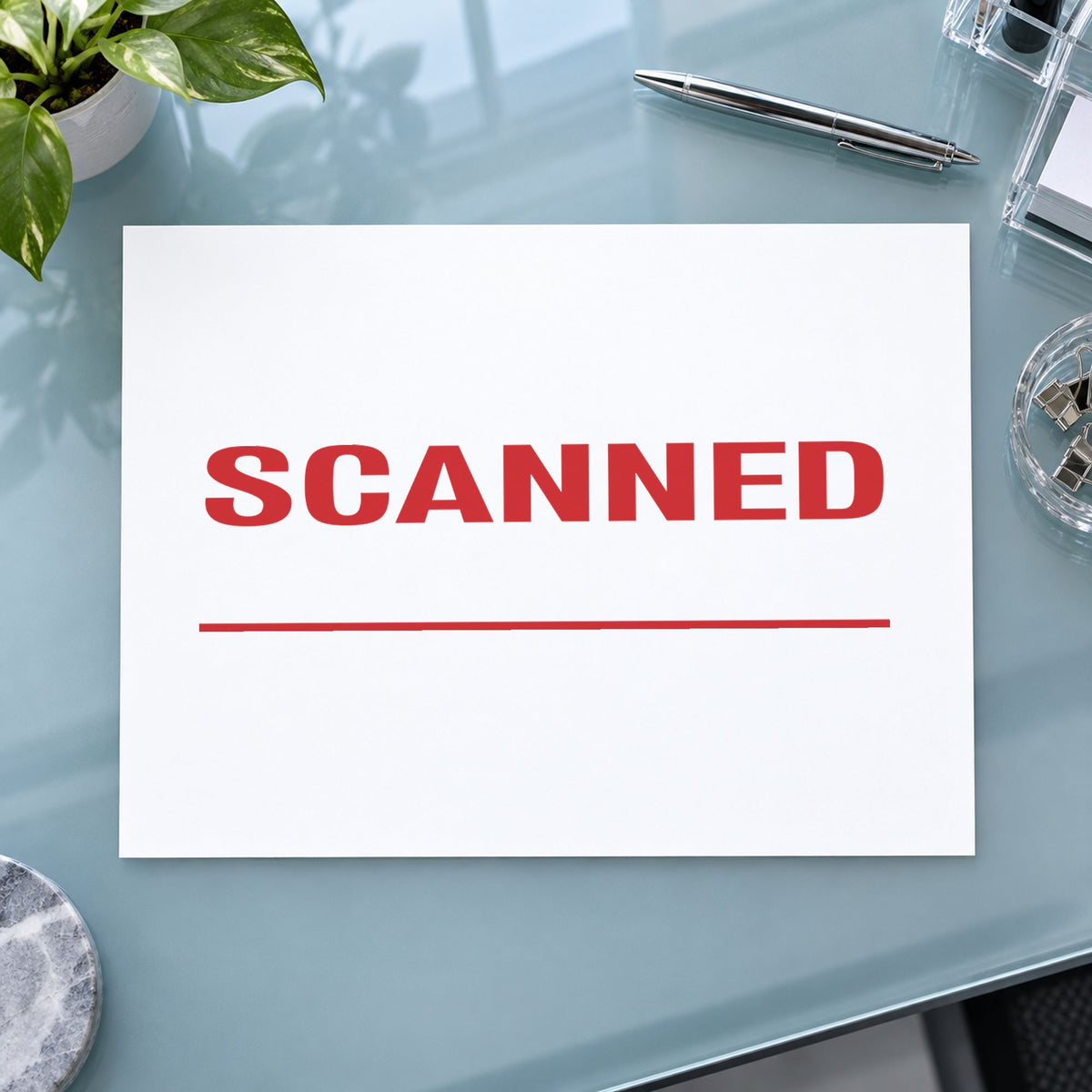 "Scanned" imprint sized Approximately 1/2 in tall x 1-5/8 in wide on a document page
