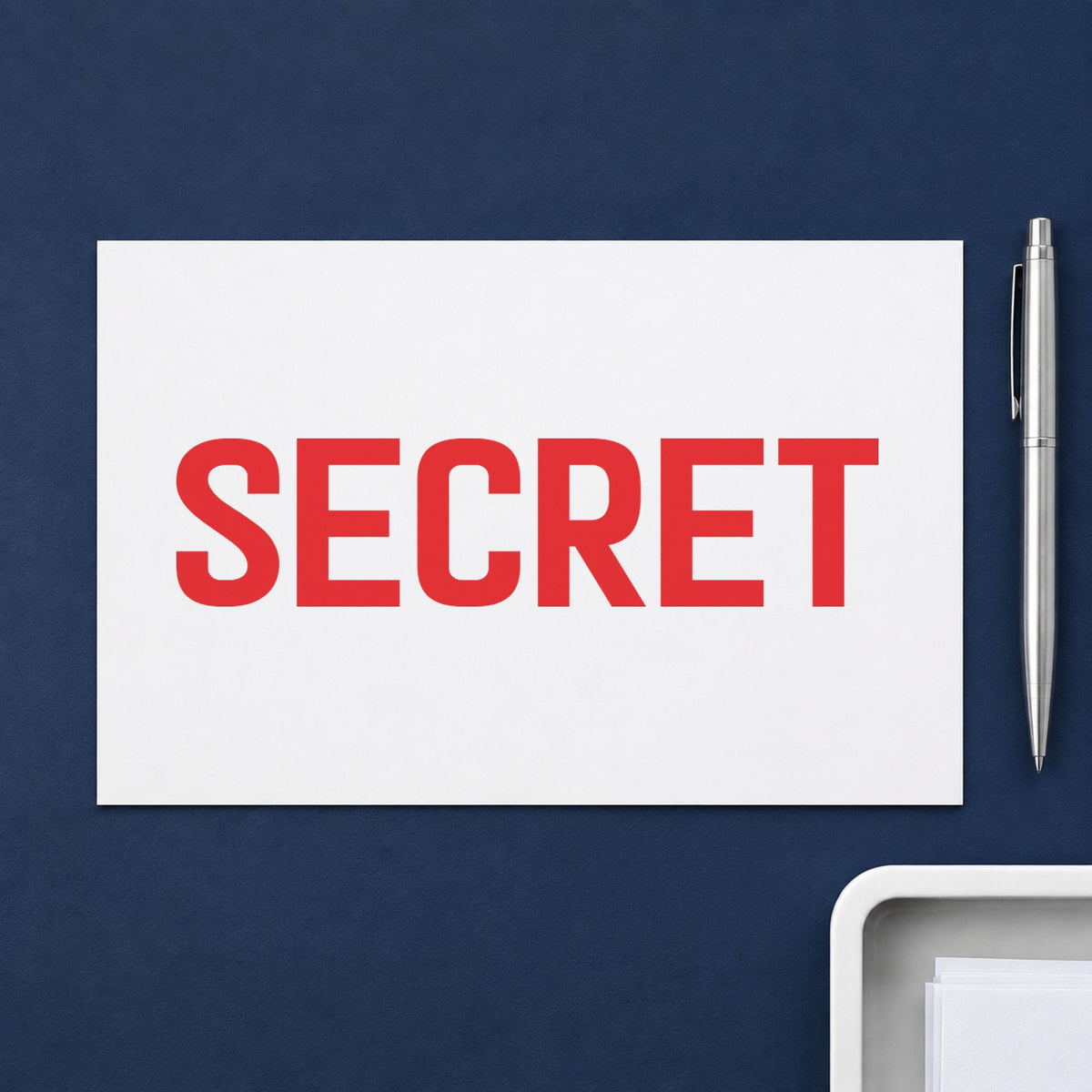 Pre-inked "Secret" stamp marking paperwork in an office setting