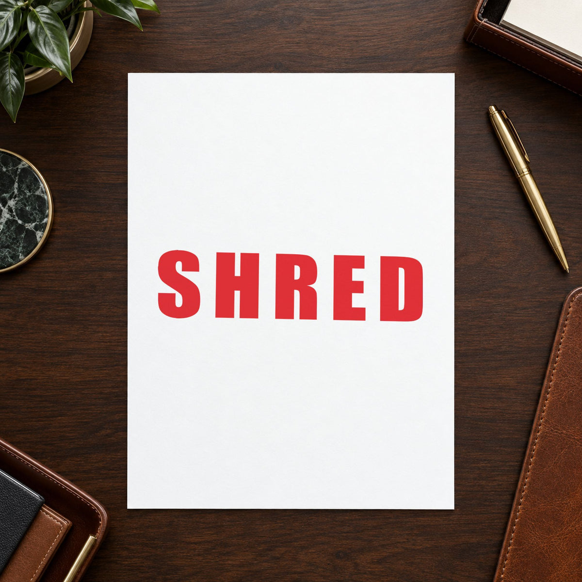 "Shred" Xstamper stamp in use on paper, Approximately 1/2 in tall x 1-5/8 in wide rectangle imprint