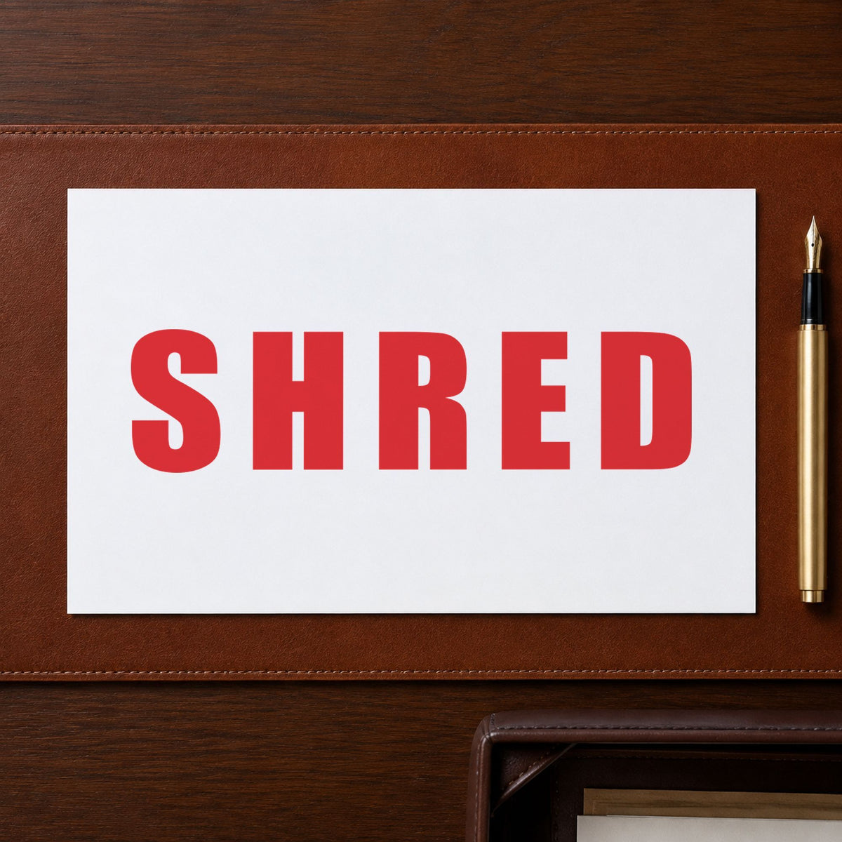 "Shred" imprint sized Approximately 1/2 in tall x 1-5/8 in wide on a document page