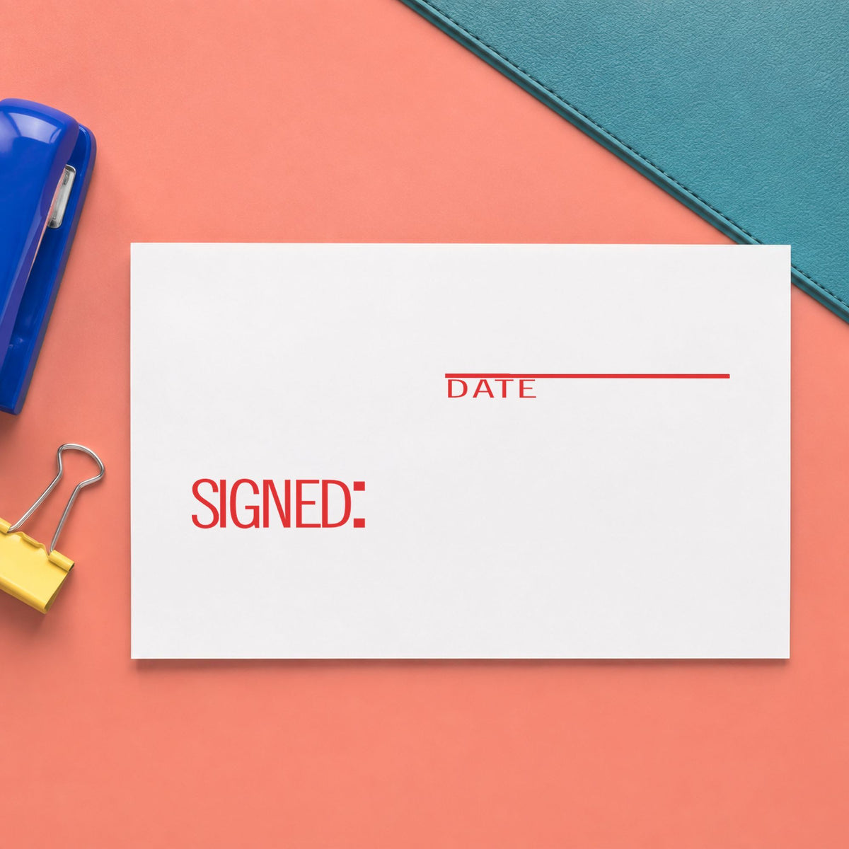 "Signed: date" stamp pressed on paper, no separate ink pad needed