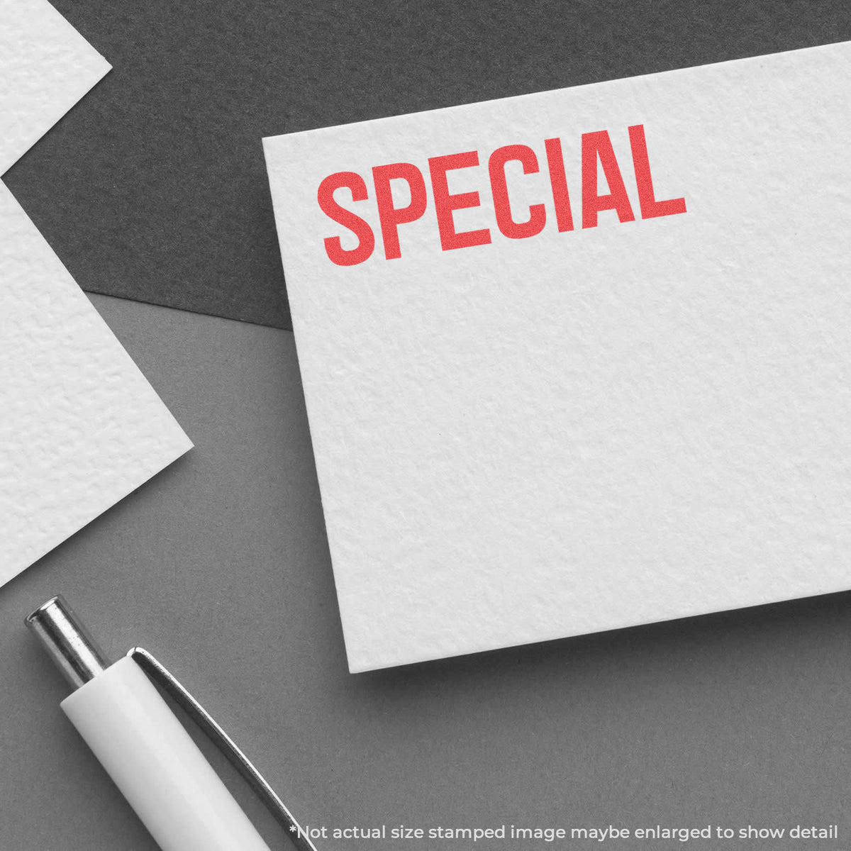 "Special" pre-inked imprint on a page, rectangle shape at Approximately 1/2 in tall x 1-5/8 in wide
