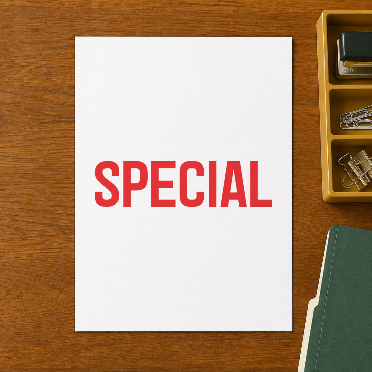 "Special" Xstamper pre-inked stamp beside its rectangle imprint