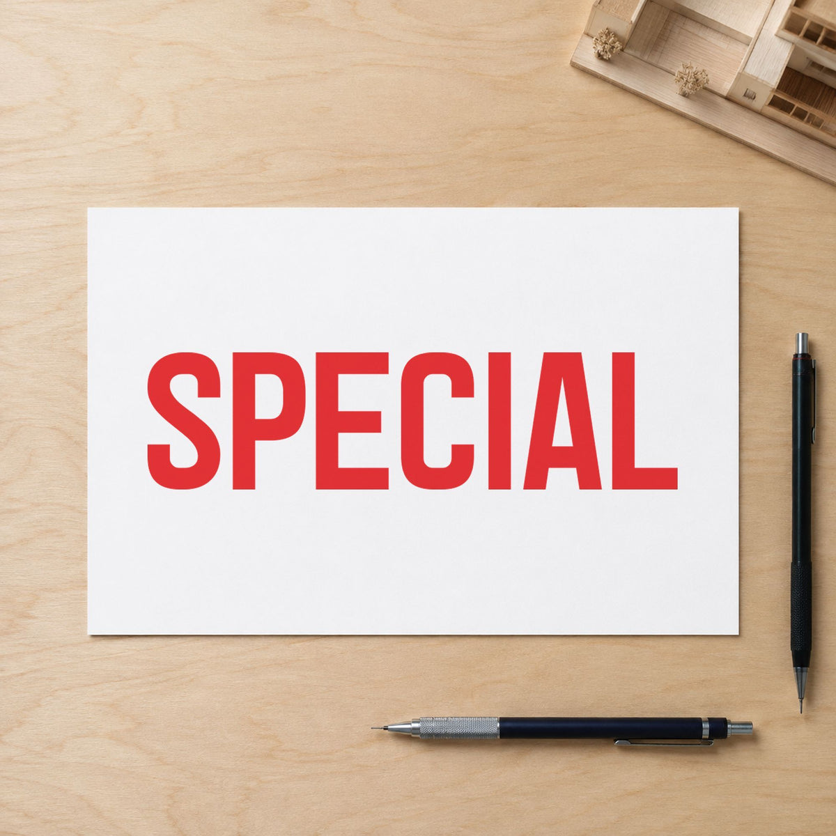 Pre-inked "Special" stamp marking paperwork in an office setting