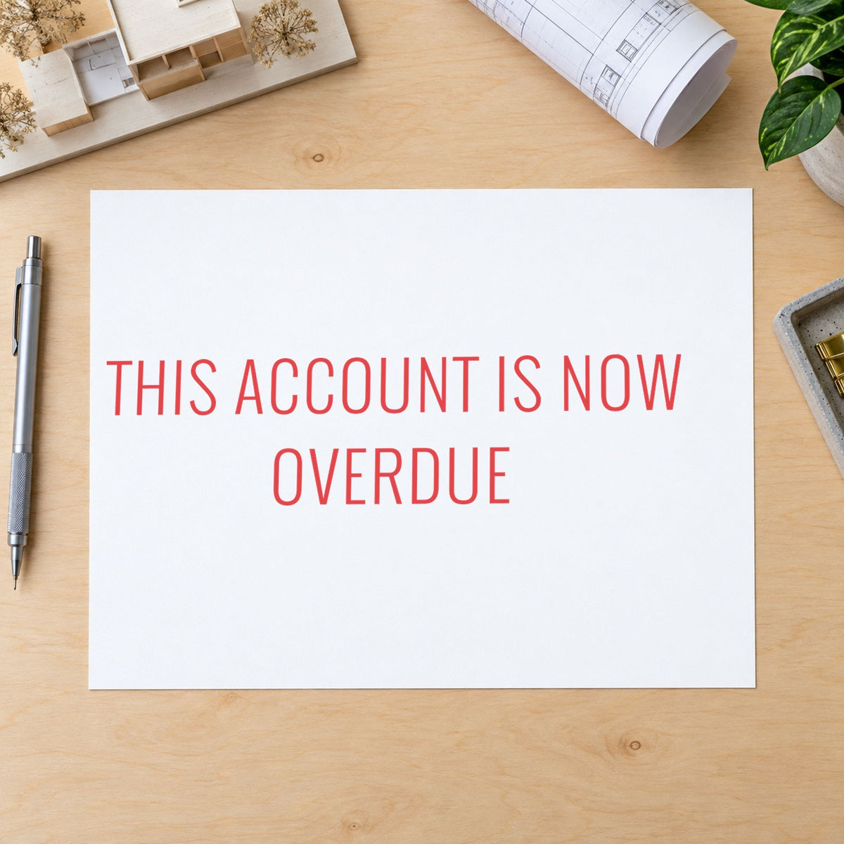 "This account is now overdue" Xstamper No. 1344 stamp shown in everyday handling