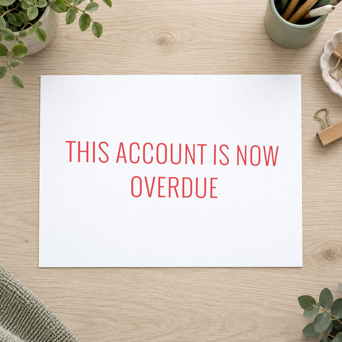Pre-inked "This account is now overdue" stamp marking paperwork in an office setting