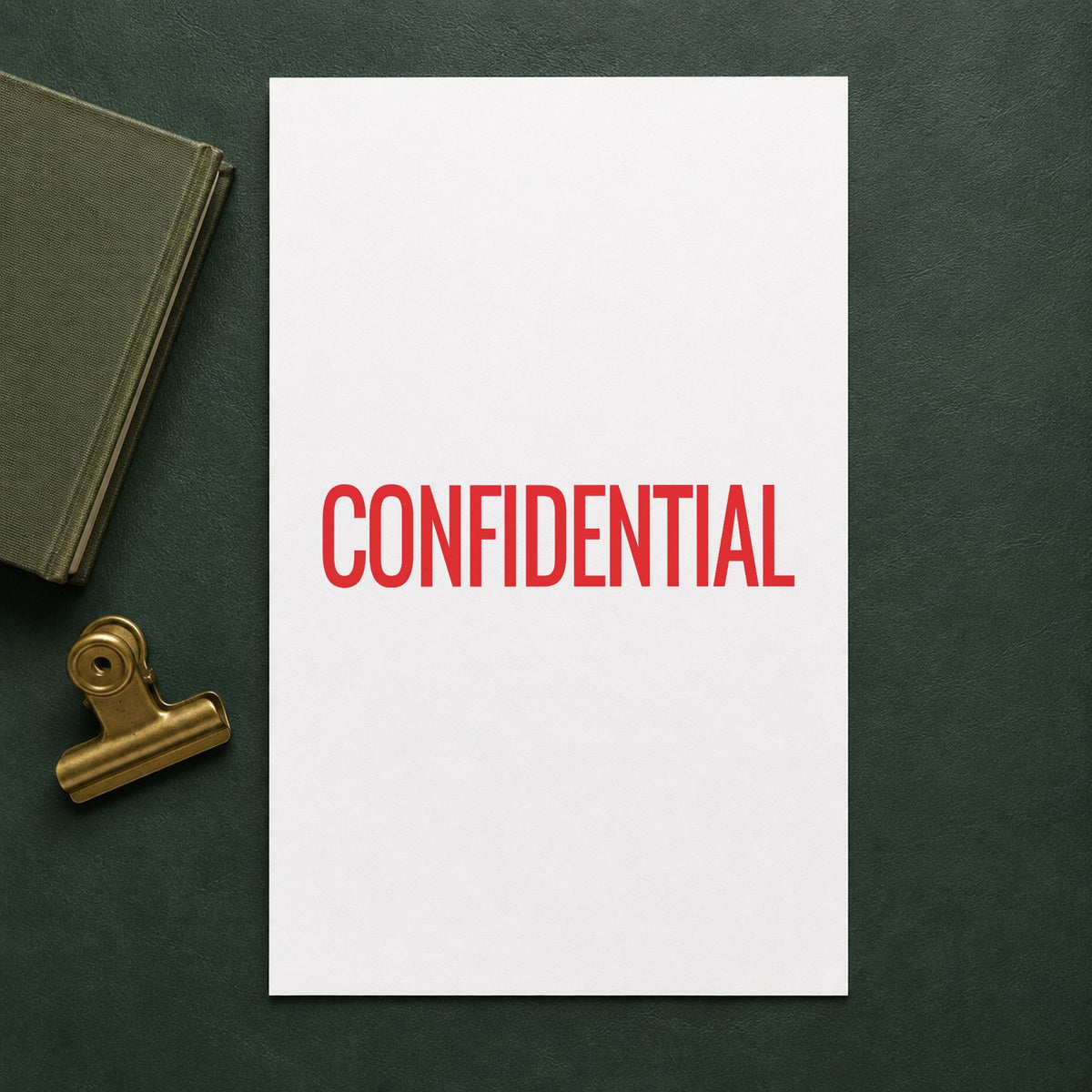 Pre-inked "Confidential" stamp marking paperwork in an office setting