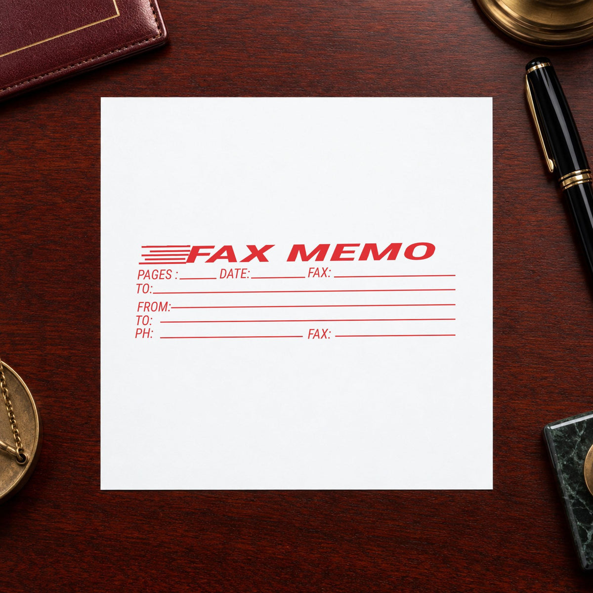 "Fax memo" Xstamper No. 3243 stamp shown in everyday handling