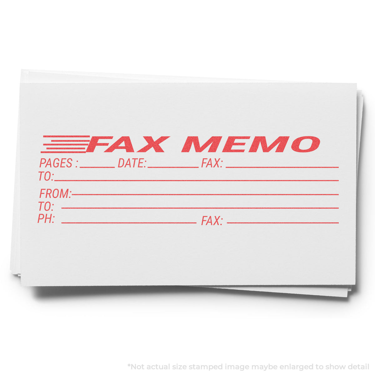 "Fax memo" pre-inked imprint on a page, rectangle shape at Approximately 7/8 in tall x 2-3/4 in wide