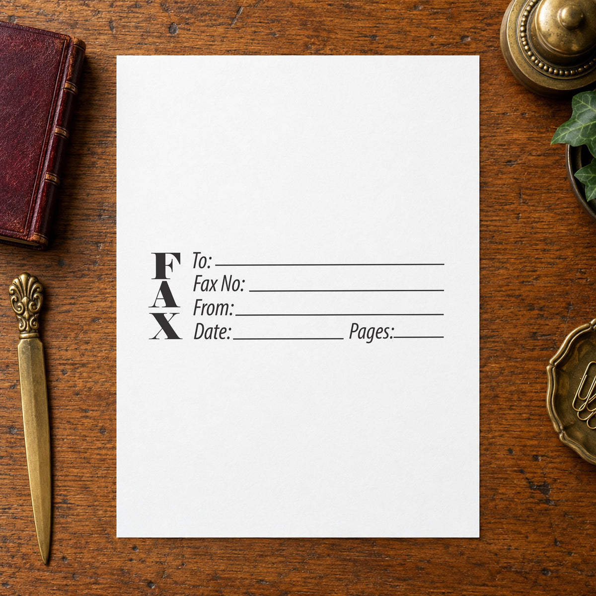 Pre-inked "Fax stamp" stamp applied to a document, 7/8 x 2-3/4 in impression