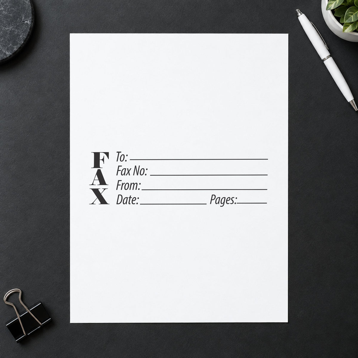 "Fax stamp" stamp pressed on paper, no separate ink pad needed