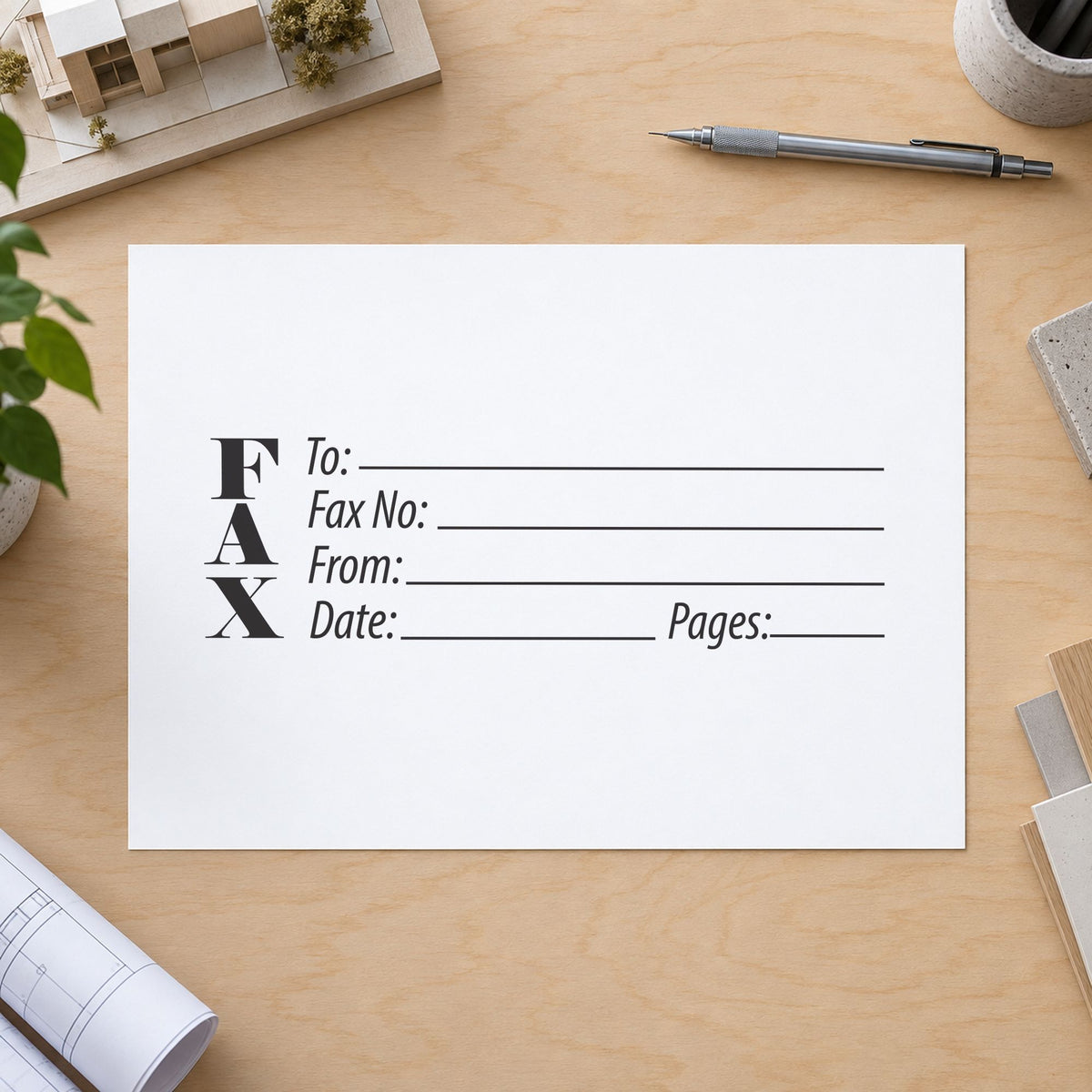 Pre-inked "Fax stamp" stamp marking paperwork in an office setting