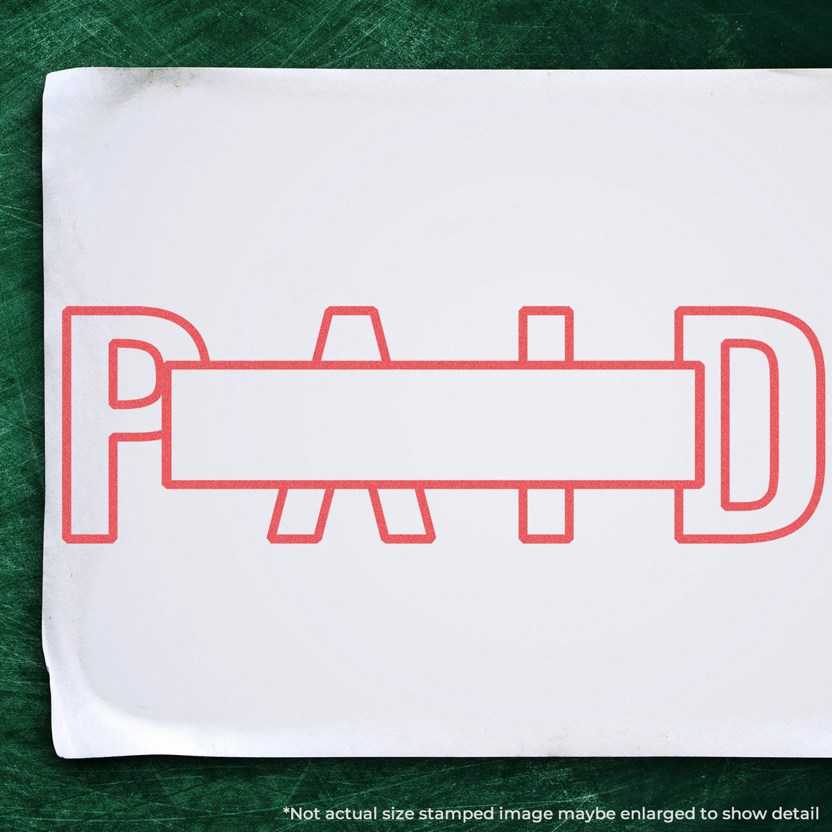 "Paid" stamp and its crisp Approximately 7/8 in tall x 2-3/4 in wide impression on paper