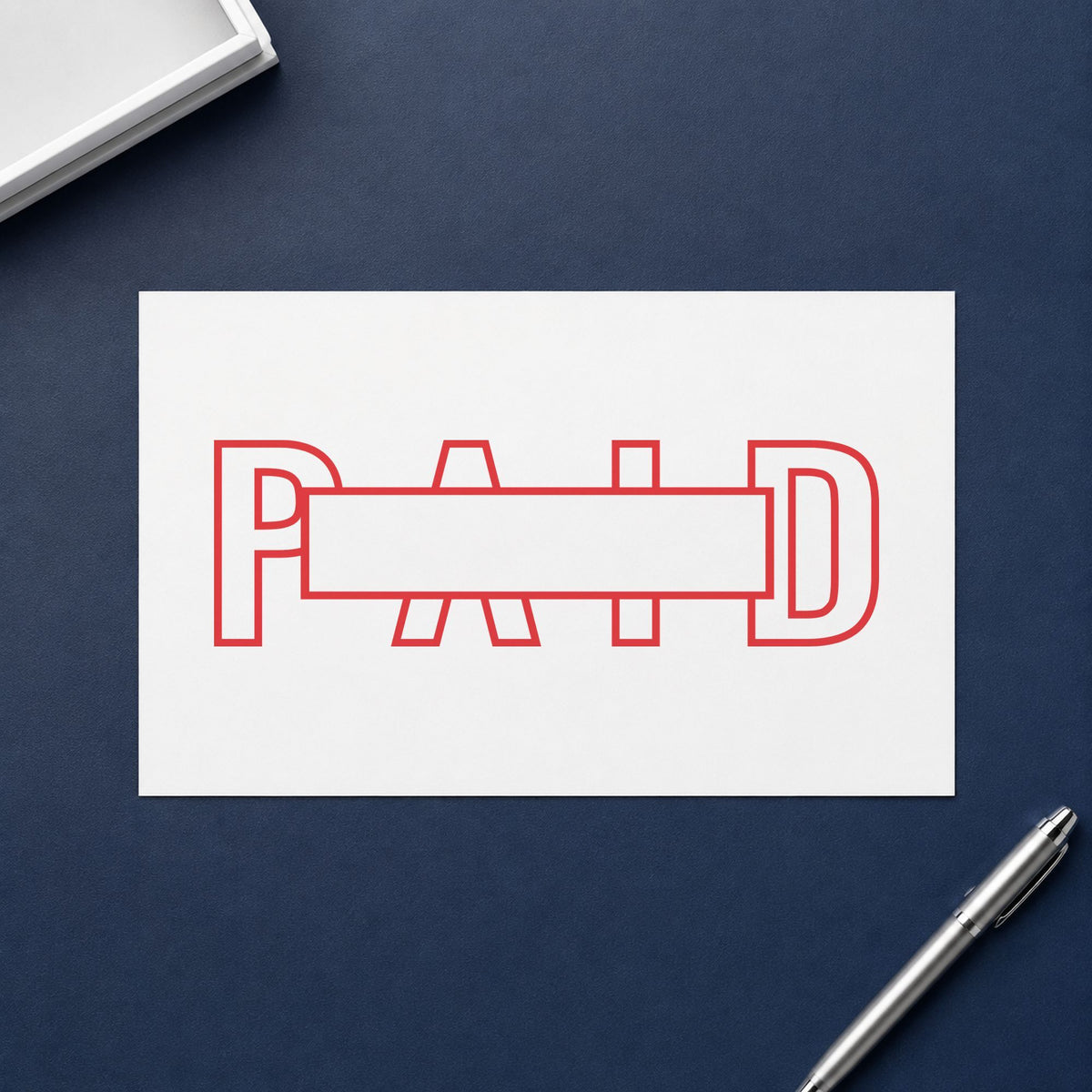 Pre-inked "Paid" stamp applied to a document, Approximately 7/8 in tall x 2-3/4 in wide impression