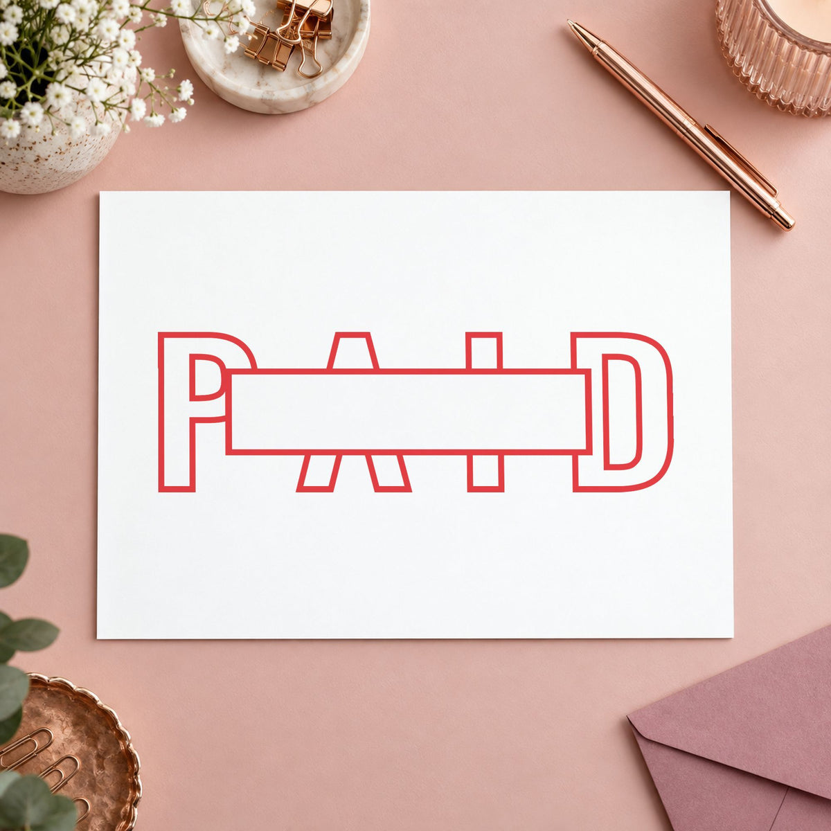 Pre-inked "Paid" stamp marking paperwork in an office setting
