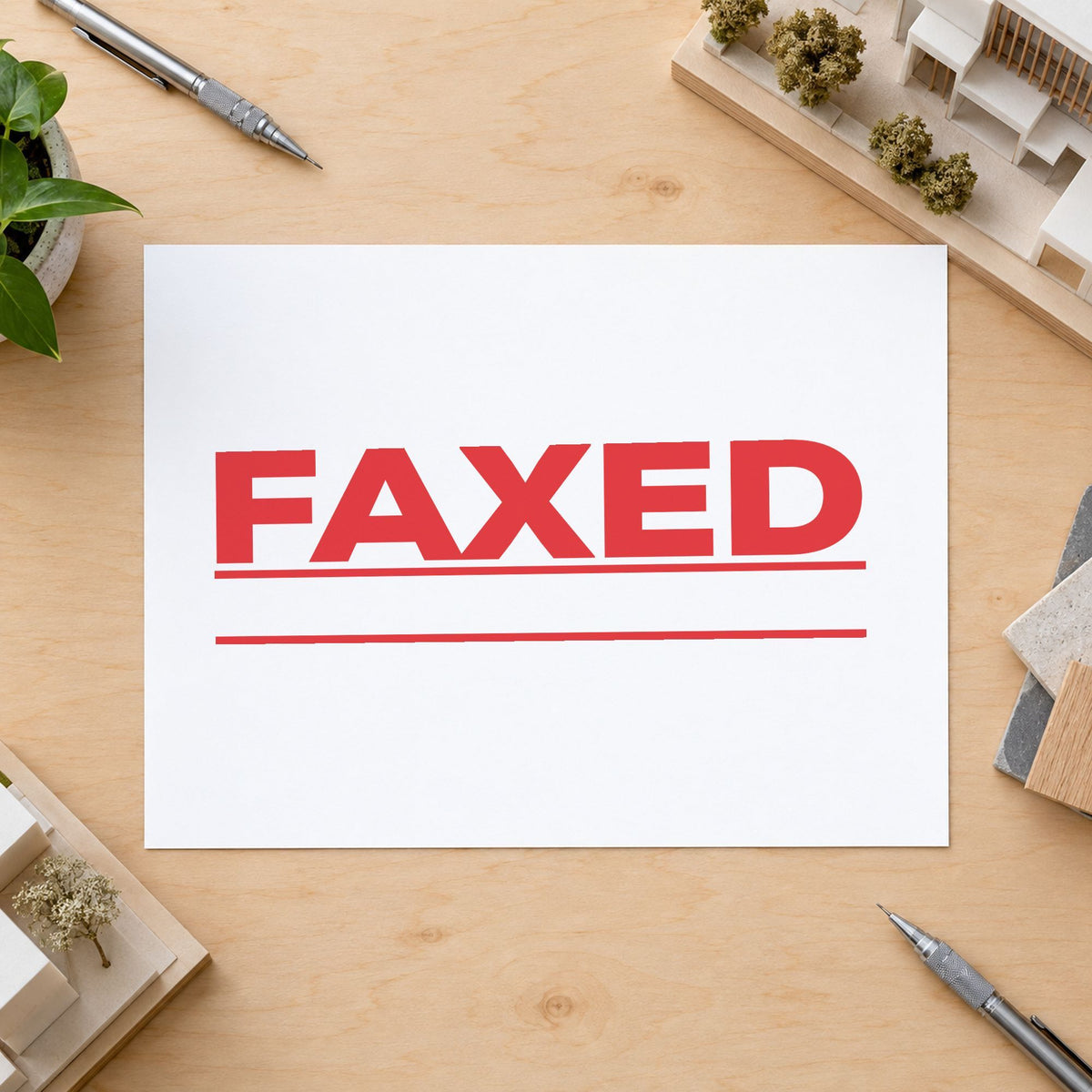 "Faxed" Xstamper pre-inked stamp beside its rectangle imprint
